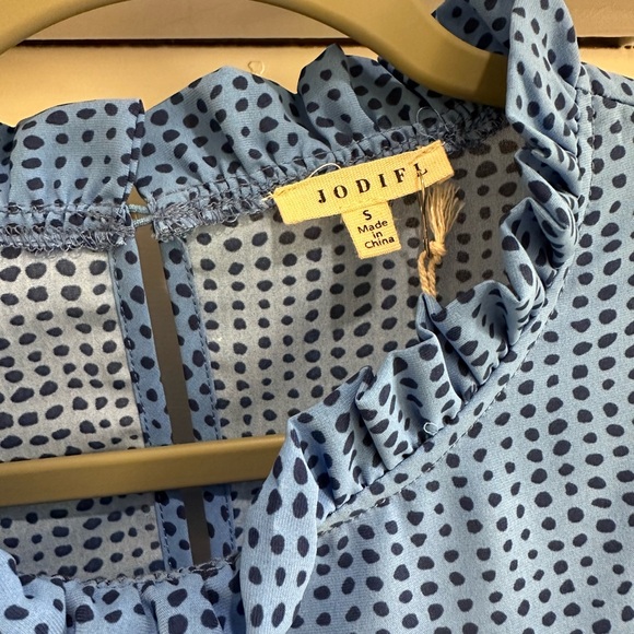 JODIFL Blue and Black Ruffle Neck Blouse - Picture 2 of 4